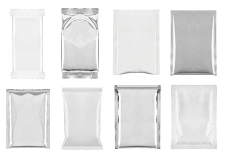 Collection of various white and aluminum bag and packages on white background. each one is shot separately