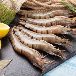 fresh raw tiger prawns and fishing equipment on wooden table