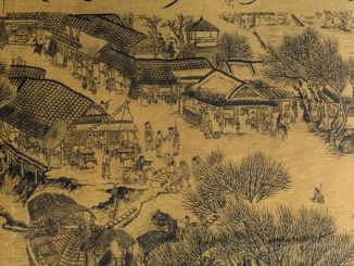 Antique chinese silk painting in the style of the Song and Yuan dynasties; nature, landscapes and countryside landscapes with hills; mountains; rivers and peaceful scenes are the subjects of these brush dipped black colored ink; generaly the materials us