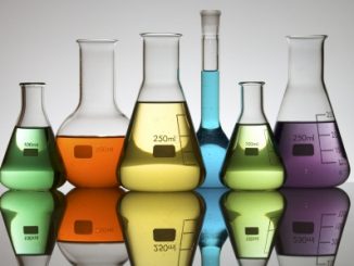 Lab equipment with colored liquid (mainly conical flasks)