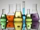 Lab equipment with colored liquid (mainly conical flasks)