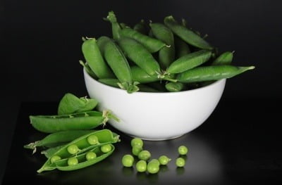 Peas in pods and in a white bowl on a dark grey background.