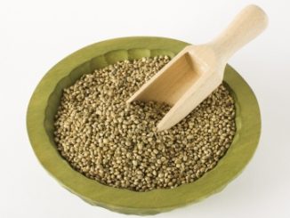 An olive green bowl of hemp seeds with a scoop inserted into the middle. White background.