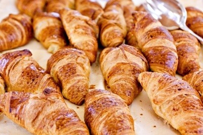 Baked croissants in close-up view.