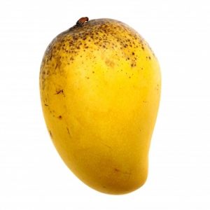 A ripe, golden mango on a white background.