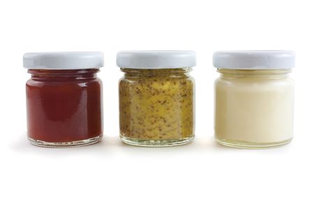 jars of sauces including mustard, mayo and tomato sauce