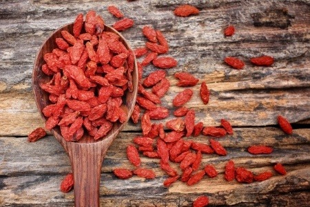 Goji berries on a wooden table and in a spoon.