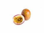 a half cut piece of passion fruit.