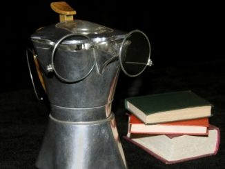 Coffee pot with glasses and books