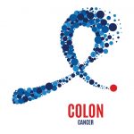 Colon cancer awareness poster. Blue ribbon made of dots on white background.