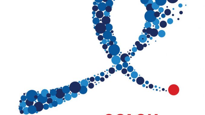 Colon cancer awareness poster. Blue ribbon made of dots on white background.