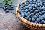 Ripe blueberries in a wicker basket on a stone floor. Used in blueberry cake, blueberry clafoutis