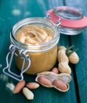 Fresh peanut butter in a jar with lid. Peanuts with nuts.