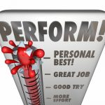 Perform word on a thermometer or gauge measuring your performance, talent, results or outcome of an endeavor with audience or judges score, feedback, rating or grade