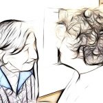 Drawing of patient with dementia (Parkinson's Disease or Alzheimer's Disease)talking to another person. In pen and ink.