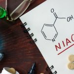 Notepad with chemical formula of niacin (vitamin B3) on the wooden table.