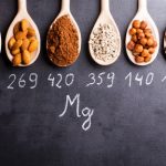 Products rich in magnesium on wooden spoons.