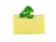 A bar of butter with a parsley leaf on top, on a white background.