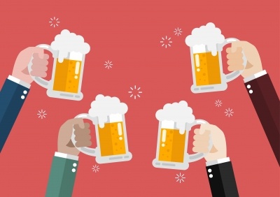 Infographic of four tankards of beer help by hands on a pinkish background.