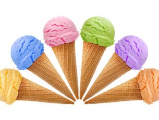 33748050 - six ice creams in cones on white background