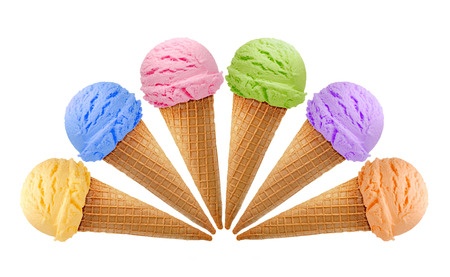 33748050 - six ice creams in cones on white background