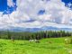 mountain pasture with grazing horses against the backdrop of mountain range and sky with clouds. carpathian mountains.