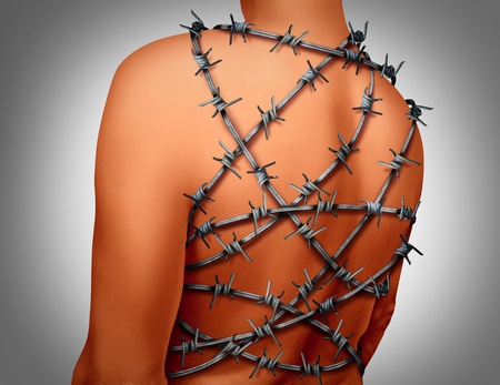 Chronic back pain and human spinal backache with a body showing the vertebra area wrapped in barbed or barb wire as a medical health care concept for arthritis or joint stress and painful suffering due to disk or joint inflammation.
