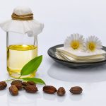 69901654 - jojoba (simmondsia chinensis) leaves, seeds and oil on withe background