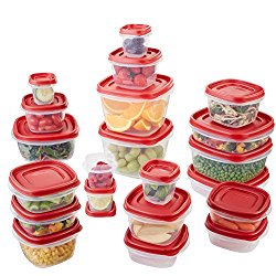 Rubbermaid plastic containers with red lids. Use for food storage.