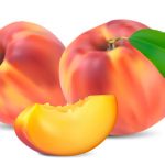 Peaches with leaves and slices on a white background