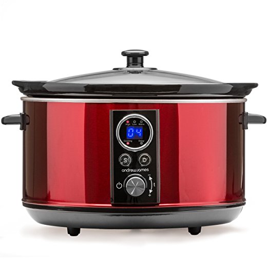 Andrew James Premium Slow Cooker with Timer, 4.5L Red Digital Cooker with Removable Ceramic Bowl, Tempered Glass Lid, Delayed Start and Keep Warm Functions