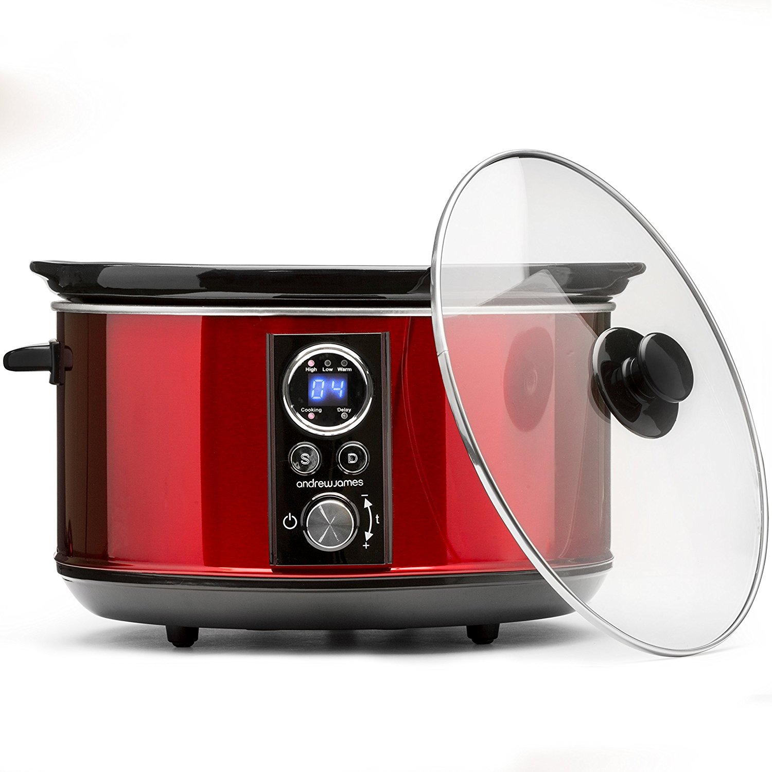 Andrew James Premium Slow Cooker with Timer, 6.5L Red Digital Cooker with Removable Ceramic Bowl, Tempered Glass Lid, Delayed Start and Keep Warm Functions