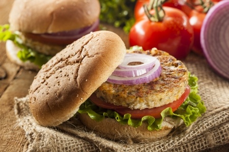 Organic grilled black bean burger with tomato and lettuce