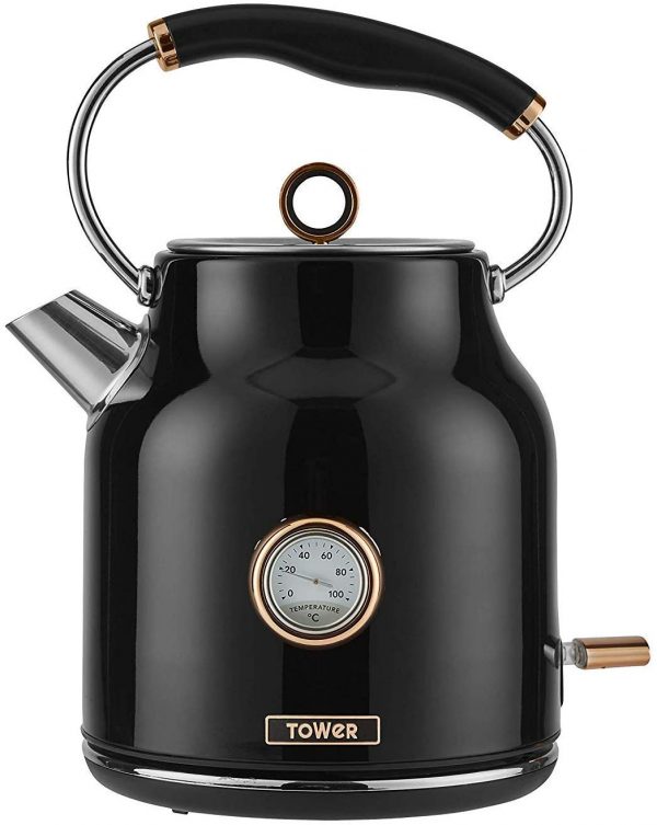 Tower Bottega T10020 Rapid Boil Traditional Kettle with Temperature Dial, Boil Dry Protection, Automatic Shut Off, Quiet Boil, Stainless Steel, 3000 W, 1.7 Litre, Black and Rose Gold