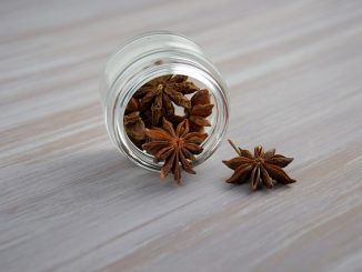 Star anise in a jar on a grey table.