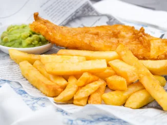 Traditional English Food such as Fish and Chips with mushy peas served in the Pub or Restaurant