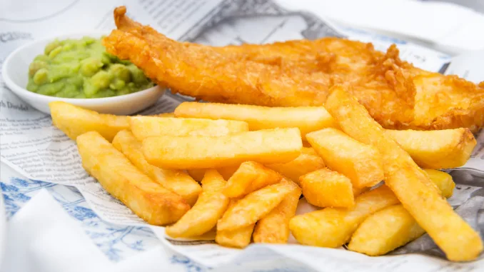 Traditional English Food such as Fish and Chips with mushy peas served in the Pub or Restaurant