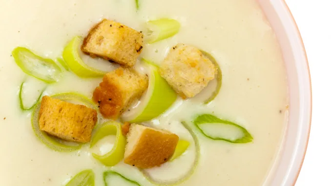 Leek and Potato soup with croutons Selective focus