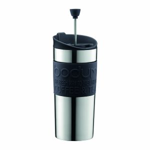 BODUM Travel French Press Coffee Maker Set, Stainless Steel with Extra Lid, Vacuum, 0.35 L/12 oz, Black