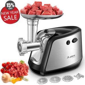 Aobosi Electric Meat Grinder, Meat Mincer & Sausage Stuffer with 3 Stainless Steel Grinding Plate Sausage Making Kit Blade & Kubbe Attachment for Home & Commercial Use/1200W Max