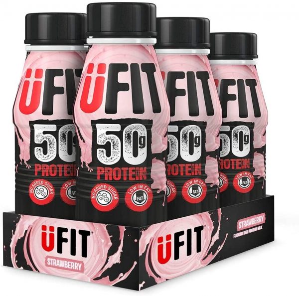 UFIT High 50g Protein Shake, No Added Sugar, Low Fat – Strawberry Flavour Ready To Drink (Pack of 6 x 500ml)
