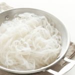 glucomannan contained in shirataki noodles. Japanese food ingredient, konjac noodles on pan.