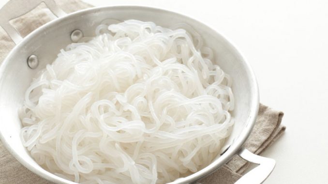glucomannan contained in shirataki noodles. Japanese food ingredient, konjac noodles on pan.
