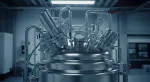 The top of a sophisticated stainless steel bioreactor or fermenter is shown in a clean, modern laboratory setting. The complex system of pipes, valves, and pressure gauges on the vessel represents advanced processes in biotechnology, pharmaceuticals, or food science.