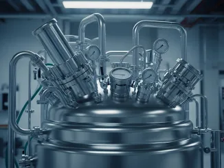 The top of a sophisticated stainless steel bioreactor or fermenter is shown in a clean, modern laboratory setting. The complex system of pipes, valves, and pressure gauges on the vessel represents advanced processes in biotechnology, pharmaceuticals, or food science.
