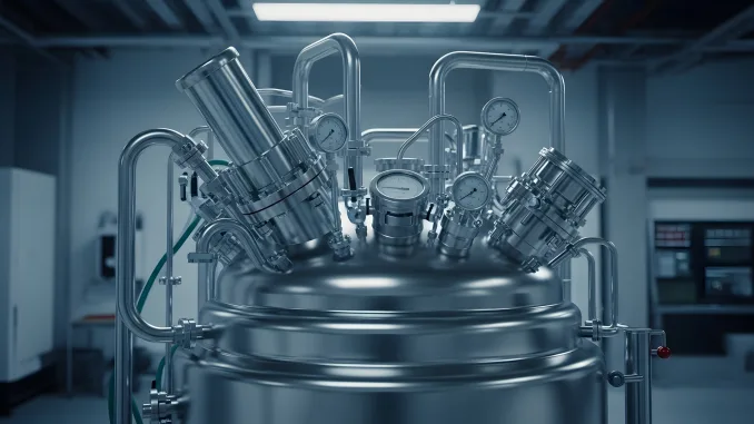 The top of a sophisticated stainless steel bioreactor or fermenter is shown in a clean, modern laboratory setting. The complex system of pipes, valves, and pressure gauges on the vessel represents advanced processes in biotechnology, pharmaceuticals, or food science.
