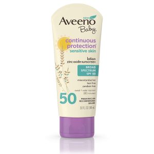 AVEENO Baby Continuous Protection Sensitive Skin Lotion Zinc Oxide Sunscreen SPF 50 3 oz 3 Fl. Oz