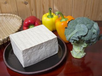 A block of tofu on a plate with peppers an broccoli as health foods.