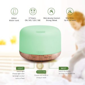ASAKUKI 500ml Essential Oil Diffuser, Premium 5 In 1 Ultrasonic Aromatherapy Scented Oil Diffuser Vaporizer Humidifier, Timer and Waterless Auto-Off, 7 LED Light Colors