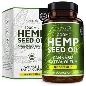 Hemp Oil 1000mg Supplement - 180 Soft Gel Capsules of Pure Cold Pressed Hemp Seed Oil - Rich in Omega 3 & 6-6 Months Supply - Made in The UK by Nutravita